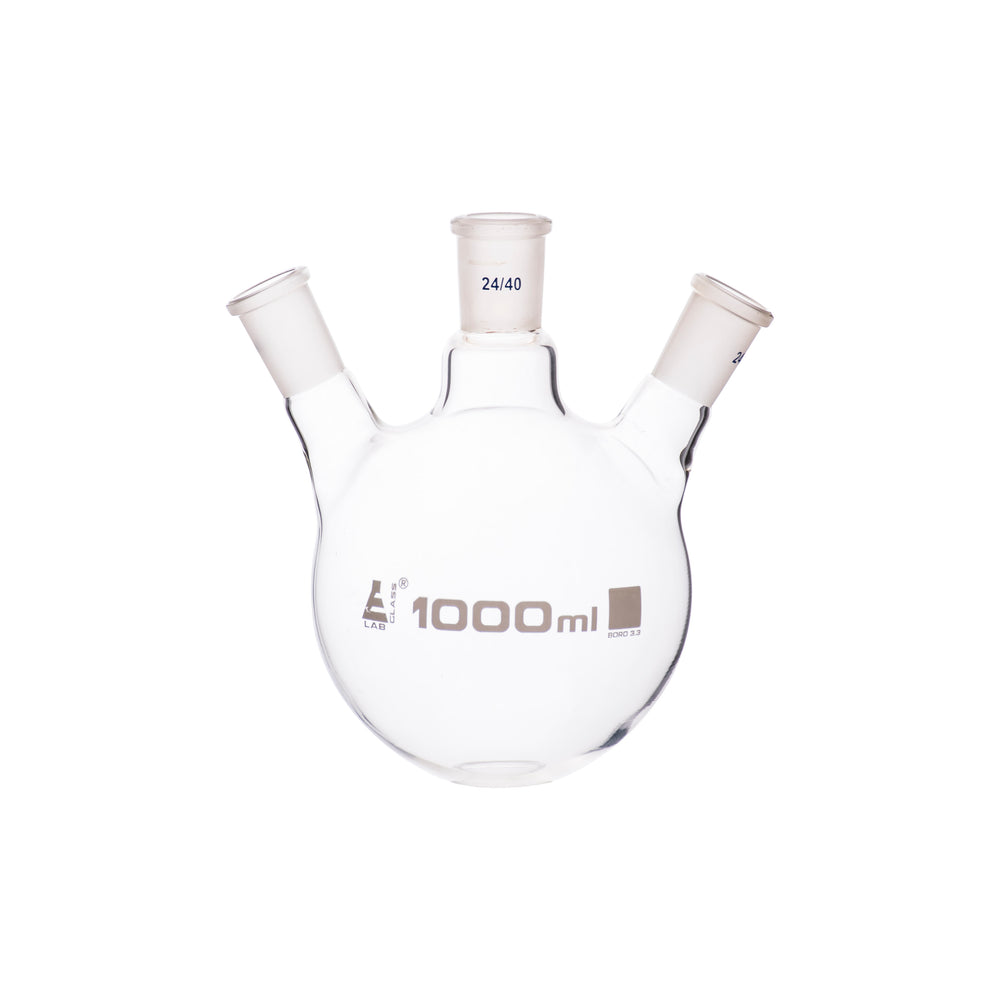 Distilling Flask, 1000ml - Three Angled Necks, Round Bottom - Socket Size: 24/40 Joint - Borosilicate Glass