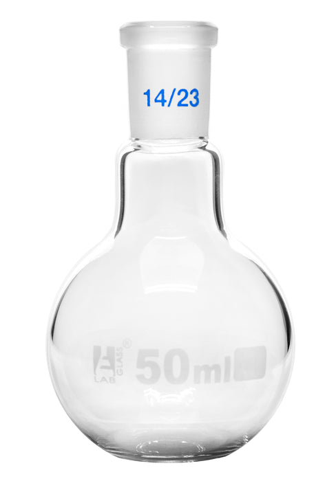 Florence Boiling Flask, 50ml - 14/23 Joint, Interchangeable - Borosilicate Glass - Flat Bottom, Short Neck - Eisco Labs