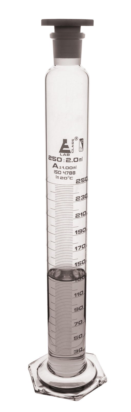 Measuring Cylinder, 250ml - Class A - 24/29 Polypropylene Stopper - Hexagonal Base, White Graduations - Borosilicate Glass - Eisco Labs