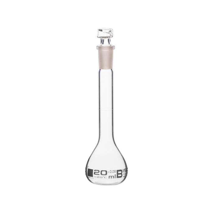 Volumetric Flask, 20ml - Class B - Hexagonal, Hollow Glass Stopper - Single, White Graduation - Eisco Labs