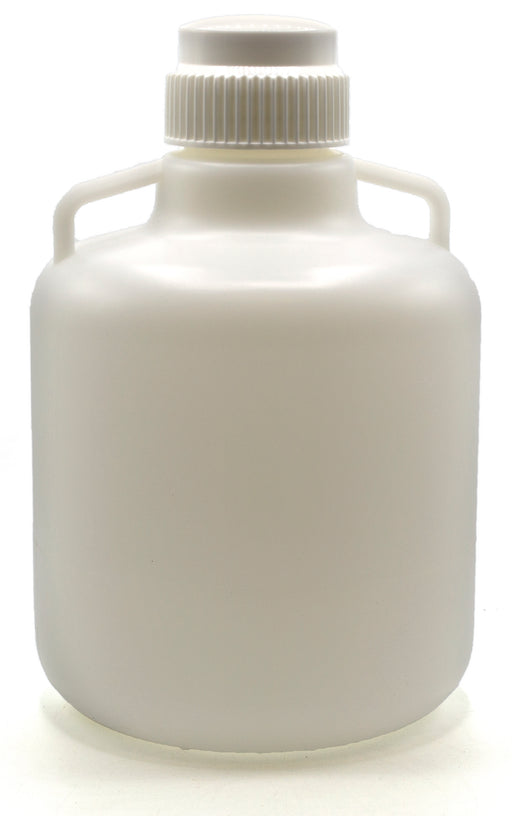 10 Liter (2.6 Gallon) Carboy Jug with Gasket Cap, White Premium Polypropylene with 2 Handles, 15" H - 10" D with 2 5/8" Opening - Eisco Labs