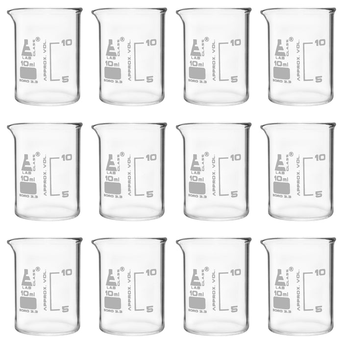 12PK Beakers, 10ml - ASTM - Low Form, Dual Scale Graduations - Borosilicate Glass