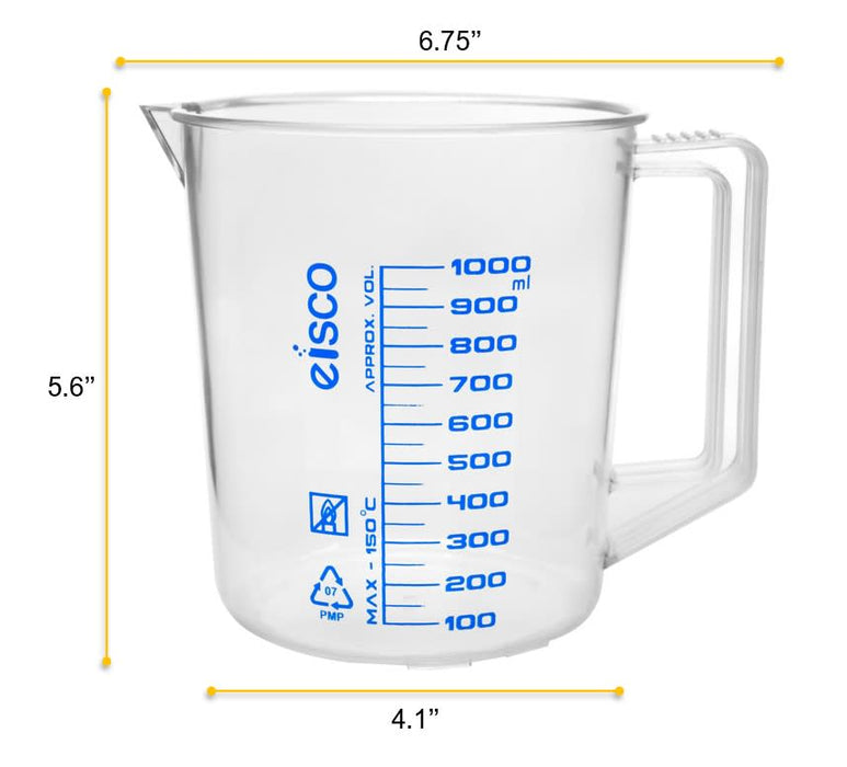 Measuring Jug, 1000ml - TPX Plastic - Printed Graduations - Chemical Resistant, Autoclavable - Short Form - Handle with Thumb Grip - Eisco Labs