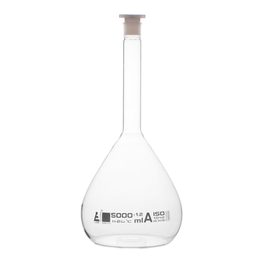 Volumetric Flask, 5000ml - Class A - 29/32 Polyethylene Stopper, Borosilicate Glass - White Graduation, Tolerance ±1.200 - Eisco Labs