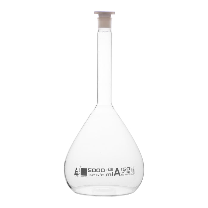 Volumetric Flask, 5000ml - Class A - 29/32 Polyethylene Stopper, Borosilicate Glass - White Graduation, Tolerance ±1.200 - Eisco Labs