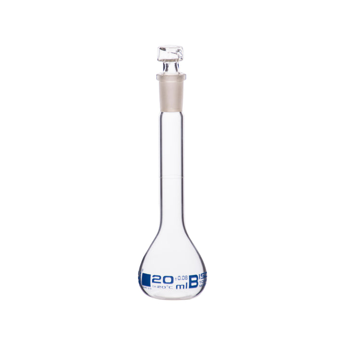 Volumetric Flask, 20ml - Class B - Hexagonal, Hollow Glass Stopper - Single, Blue Graduation - Eisco Labs