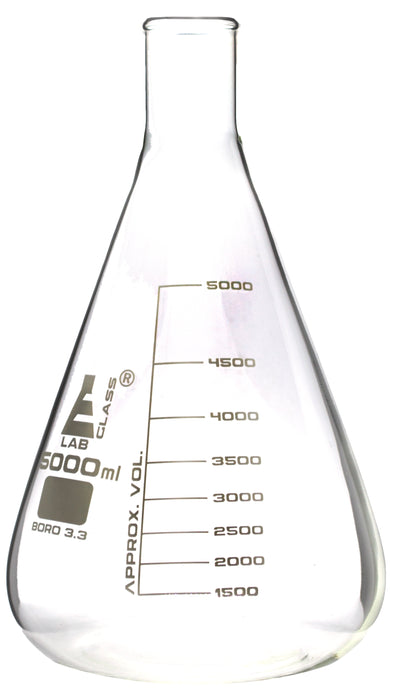 Erlenmeyer Flask, 5000ml - Borosilicate Glass - Narrow Neck, Conical Shape - White Graduations - Eisco Labs