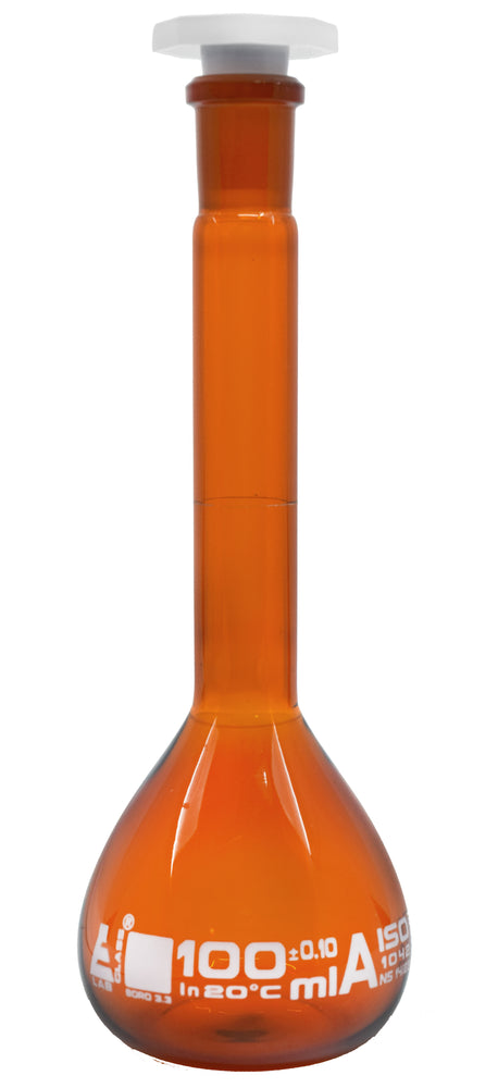 Volumetric Flask, 100ml - Class A - 14/23 Polypropylene Stopper, Borosilicate Glass, Amber - White Graduation Mark, Tolerance ±0.100 ml - Eisco Labs
