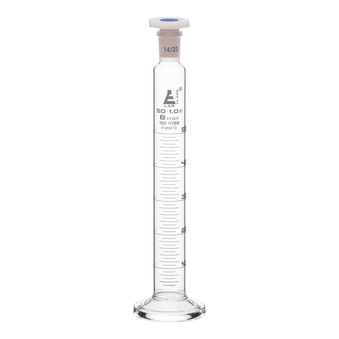Measuring Cylinder, 50ml - Class B - 14/23 Polypropylene Stopper - Round Base, White Graduations - Borosilicate Glass - Eisco Labs