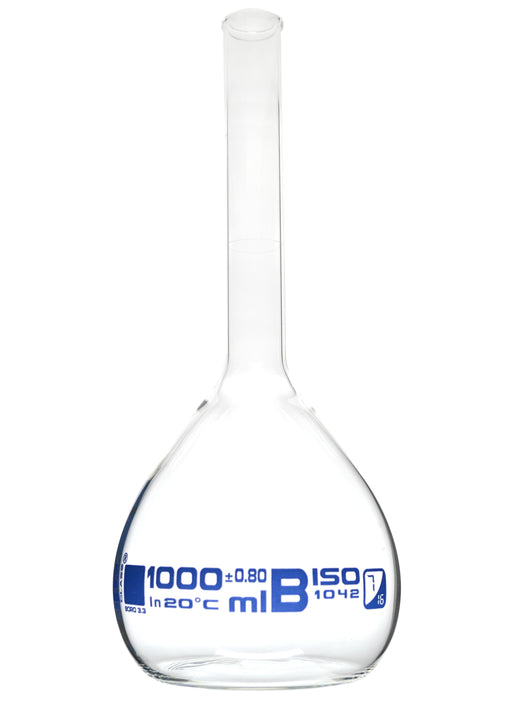 Volumetric Flask, 1000ml - Class B - Borosilicate Glass - Blue Graduation, Tolerance ±0.800 - No Stopper, Beaded Rim - Eisco Labs