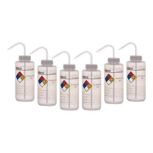 6PK Performance Plastic Wash Bottle, Distilled Water, 1000 ml - Labeled (4 Color)