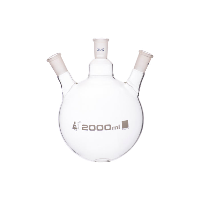 Distilling Flask, 2000ml - Three Angled Necks, Round Bottom - Socket Size: 24/40 Joint - Borosilicate Glass