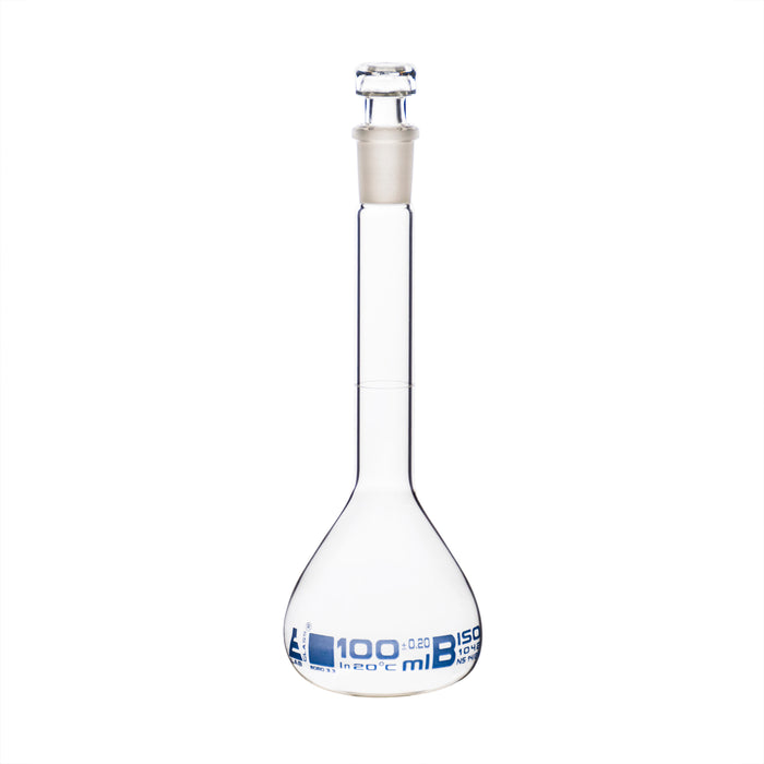 Volumetric Flask, 100ml - Class B - Hexagonal, Hollow Glass Stopper - Single, Blue Graduation - Eisco Labs