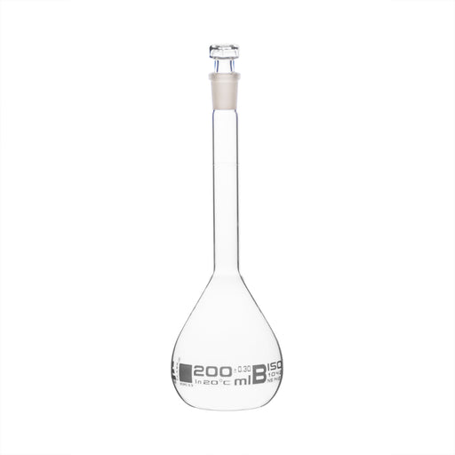 Volumetric Flask, 200ml - Class B - Hexagonal, Hollow Glass Stopper - Single, White Graduation - Eisco Labs