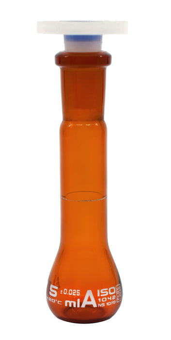 Volumetric Flask, 5ml - Class A - 10/19 Polypropylene Stopper, Borosilicate Glass, Amber - White Graduation Mark, Tolerance ±0.025 ml - Eisco Labs