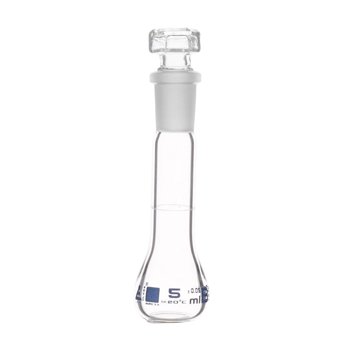 Volumetric Flask, 5ml - Class B - Hexagonal, Hollow Glass Stopper - Single, Blue Graduation - Eisco Labs