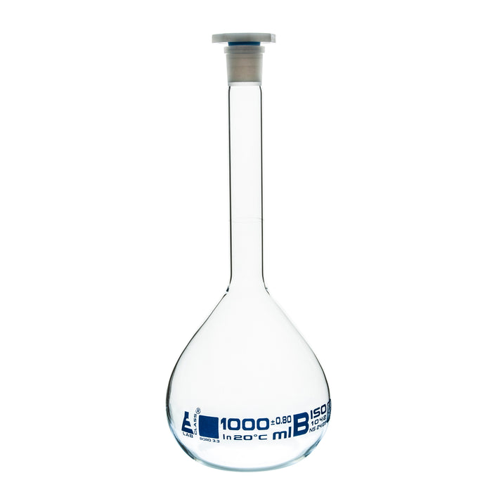 Volumetric Flask, 1000ml - Class B - 24/29 Polyethylene Stopper, Borosilicate Glass - Blue Graduation, Tolerance ±0.800 - Eisco Labs