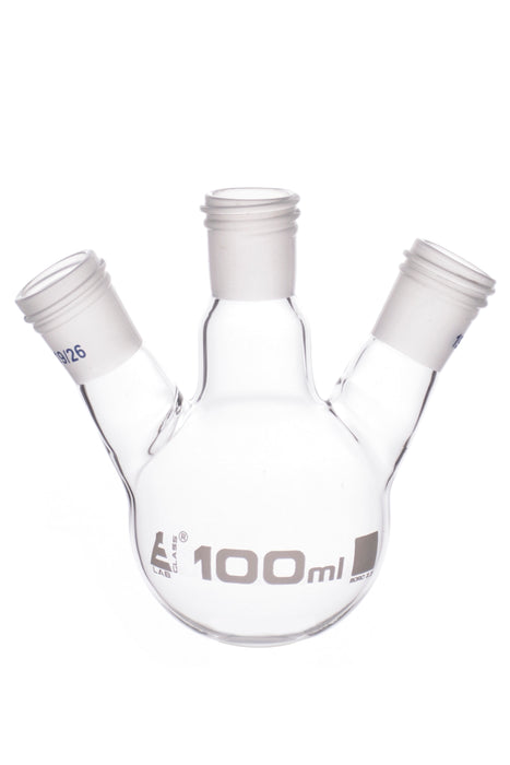 Distillation Flask with 3 Necks, 100ml Capacity, 19/26 Joint Size, Interchangeable Screw Thread Joints, Borosilicate Glass - Eisco Labs