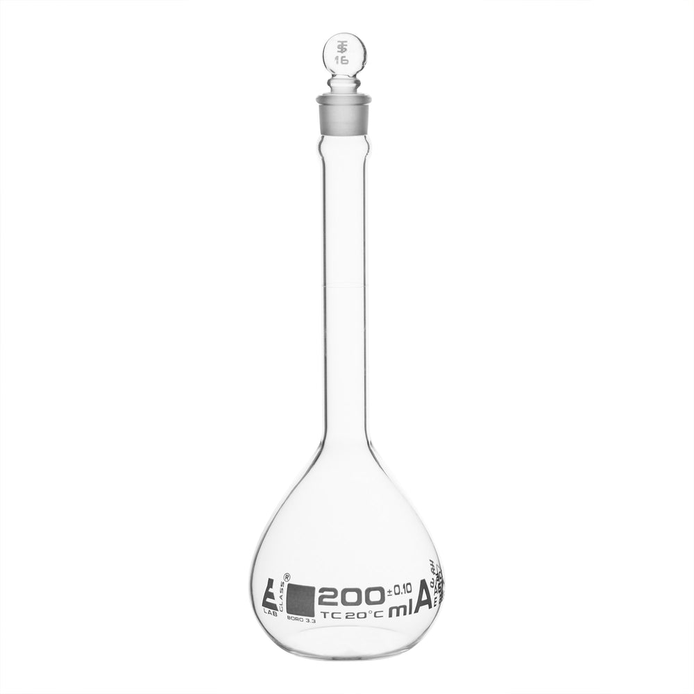 Volumetric Flask, 200ml - Class A, ASTM - Tolerance ±0.100 ml - Glass Stopper -  Single, White Graduation - Eisco Labs