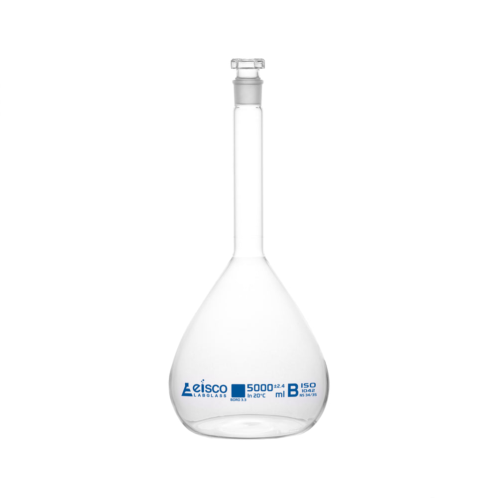 Volumetric Flask, 5000ml - Class B - Hexagonal, Hollow Glass Stopper - Single, Blue Graduation - Eisco Labs