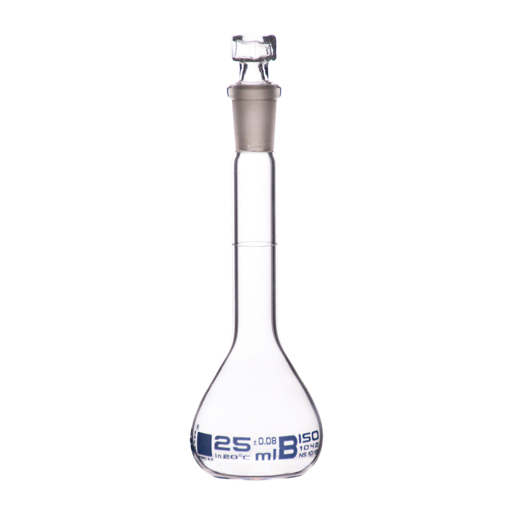 Volumetric Flask, 25ml - Class B - Hexagonal, Hollow Glass Stopper - Single, Blue Graduation - Eisco Labs