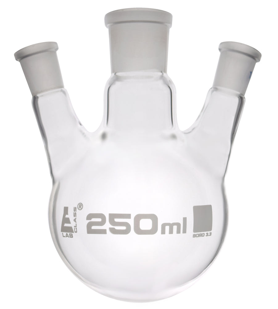 Distilling Flask, 250ml - 3 Angled Necks, 24/29 Center, 14/23 Side Sockets - Interchangeable Ground Joints - Round Bottom - Borosilicate Glass - Eisco Labs