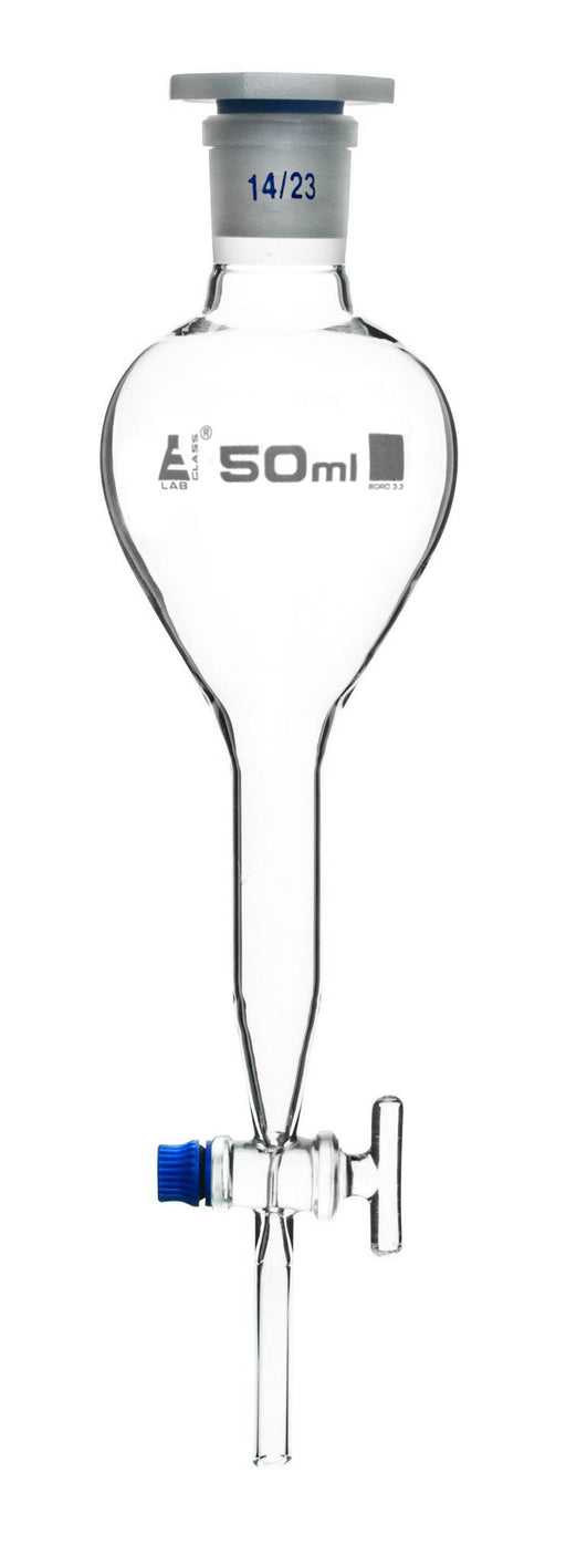 Gilson Separating Funnel, 50ml - Glass Stopcock - Plastic Stopper, Socket Size 14/23 - Borosilicate Glass - Eisco Labs