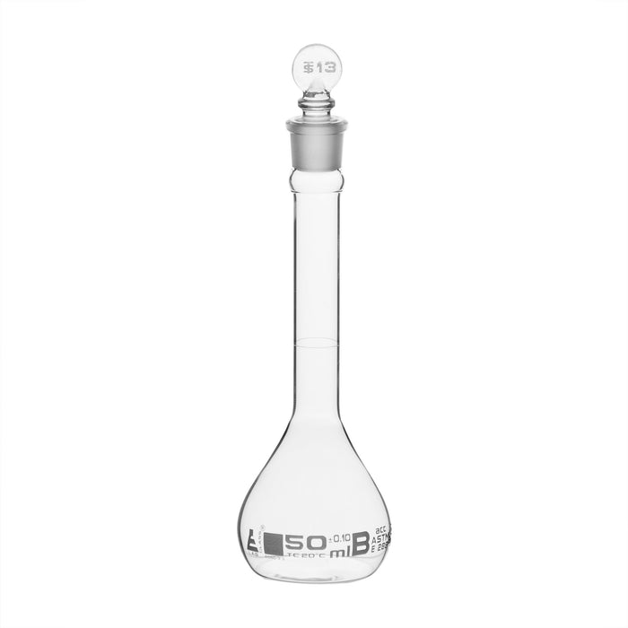 Volumetric Flask, 50ml - Class B, ASTM - Tolerance ±0.100 ml - Glass Stopper -  Single, White Graduation - Eisco Labs