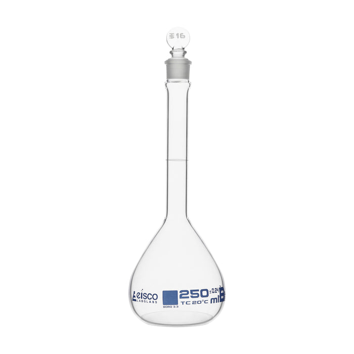 Volumetric Flask, 250ml - Class B, ASTM - Tolerance ±0.240 ml - Glass Stopper -  Single, Blue Graduation - Eisco Labs