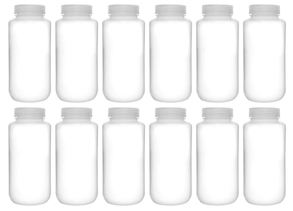 12PK Reagent Bottles, 1000ml - Wide Mouth, Screw Cap - Polypropylene