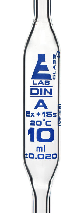 Volumetric Pipette, 10mL - Class A - Blue Markings - Red Coded - Borosilicate Glass - Eisco Labs