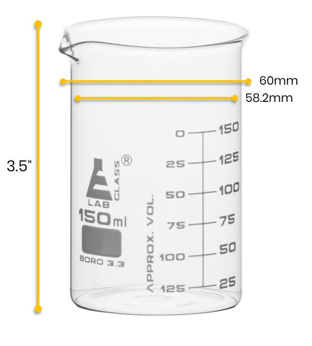 Beaker, 150ml - ASTM - Low Form, Dual Scale Graduations - Borosilicate Glass