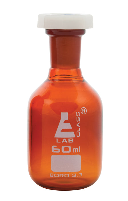 Eisco Labs 60ml Amber Reagent Bottle , Narrow Mouth with Acid Proof Polypropylene stopper, socket size 14/23