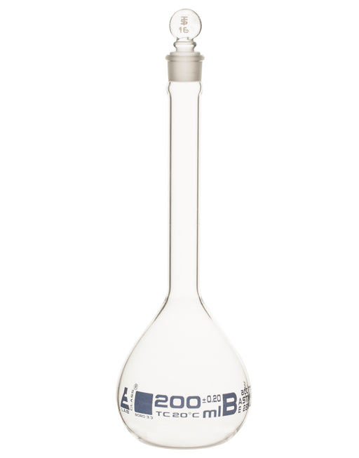 Volumetric Flask, 200ml - Class B, ASTM - Tolerance ±0.200 ml - Glass Stopper -  Single, Blue Graduation - Eisco Labs