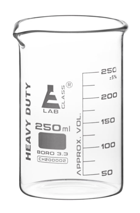 Heavy Duty Beaker, 250ml - 5mm Thick, Uniform Walls - Superior Durability & Chemical Resistance - White Graduations - Borosilicate 3.3 Glass - Eisco Labs