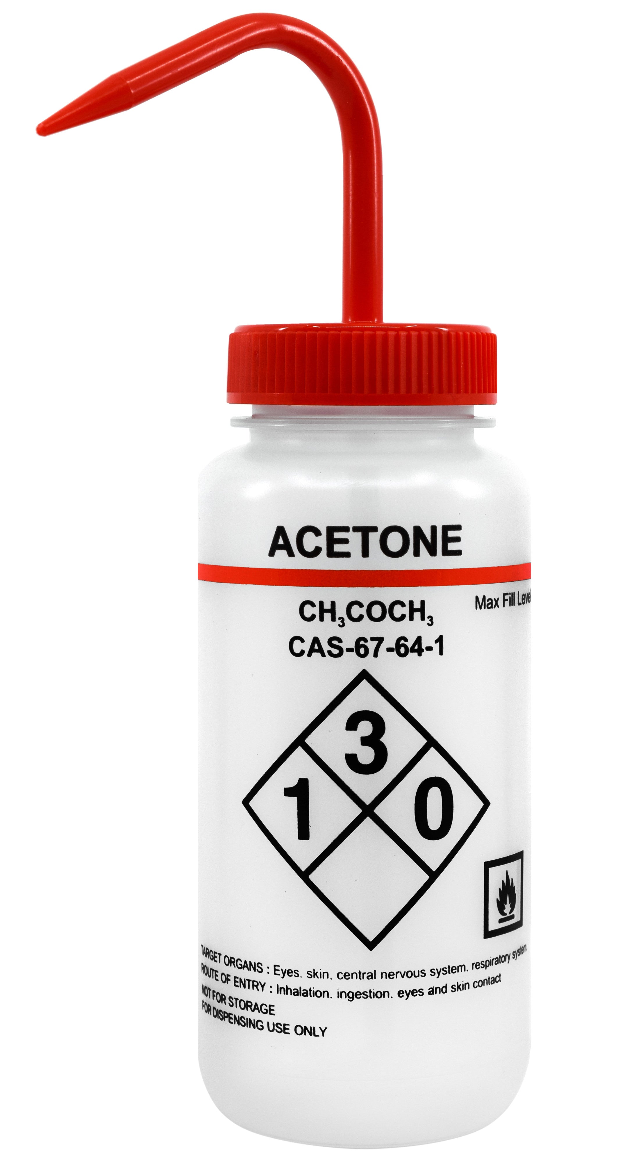 500ml Capacity Labelled Wash Bottle for Acetone - Color Coded Red - Se ...