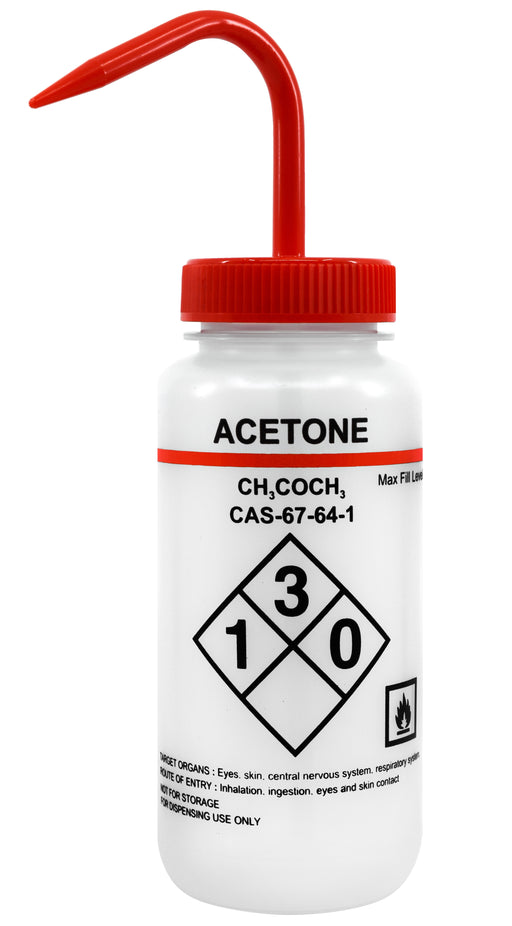 500ml Capacity Labelled Wash Bottle for Acetone - Color Coded Red - Self Venting, Low Density Polyethylene (Discontinued)