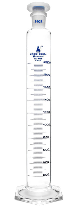 Measuring Cylinder, 2000ml - ASTM Class B Tolerance ±20.00ml - Polypropylene Stopper, 34/35 - Hexagonal Base - Blue Graduations - Borosilicate 3.3 Glass - Eisco Labs