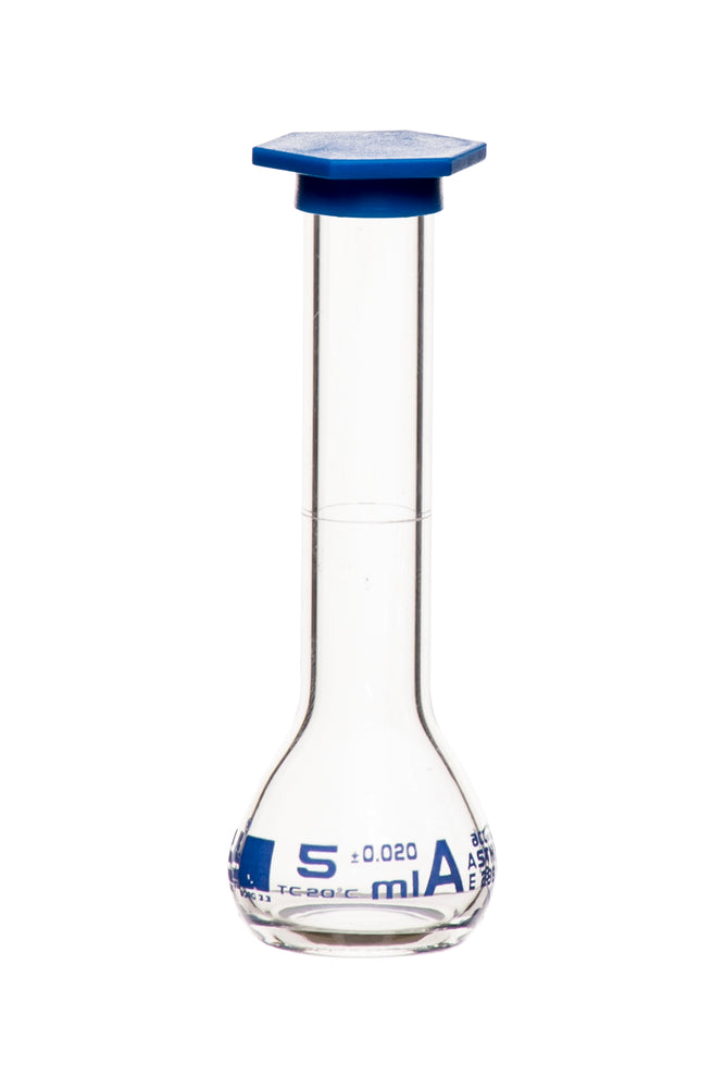 Volumetric Flask, 5ml - Class A, ASTM - Snap Cap - Blue Graduation Mark, Tolerance ±0.020ml - Borosilicate Glass - Eisco Labs