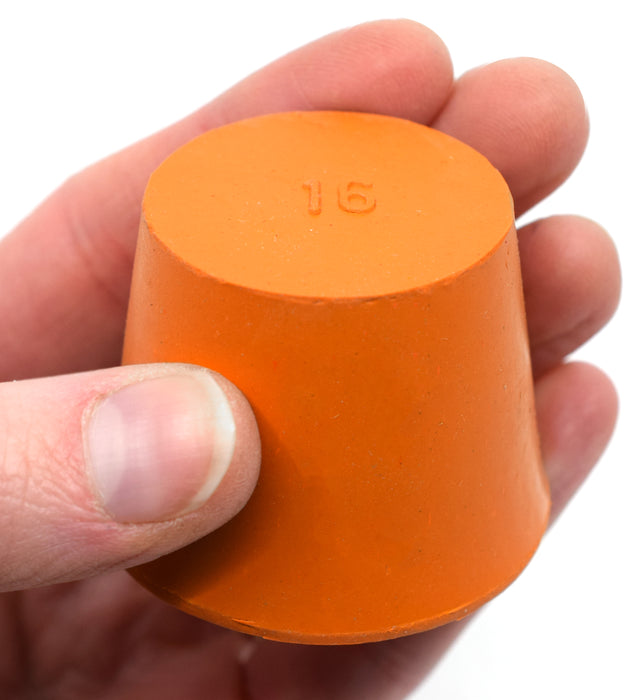 Rubber Stopper, Solid - Orange - Pack of 10 - Size: 28mm Bottom, 35mm Top, 36mm Length - Resistant to Acid, Alkali and Ammonia - Eisco Labs