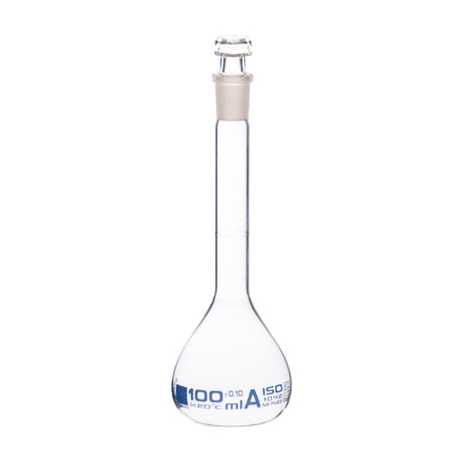 Volumetric Flask, 100ml - Class A - Hexagonal, Hollow Glass Stopper - Single, Blue Graduation - Eisco Labs