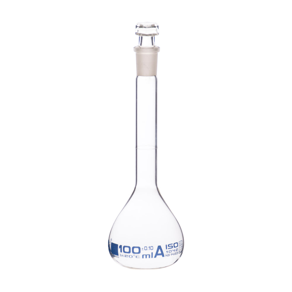 Volumetric Flask, 100ml - Class A - Hexagonal, Hollow Glass Stopper - Single, Blue Graduation - Eisco Labs