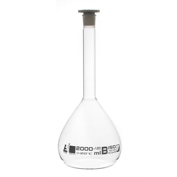 Volumetric Flask, 2000ml - Class B - 29/32 Polyethylene Stopper, Borosilicate Glass - Blue Graduation, Tolerance ±1.200 - Eisco Labs