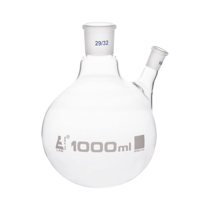 Distilling Flask, 1000ml - 29/32 Oblique Neck with 14/23 Joint - Borosilicate Glass - Round Bottom - Eisco Labs