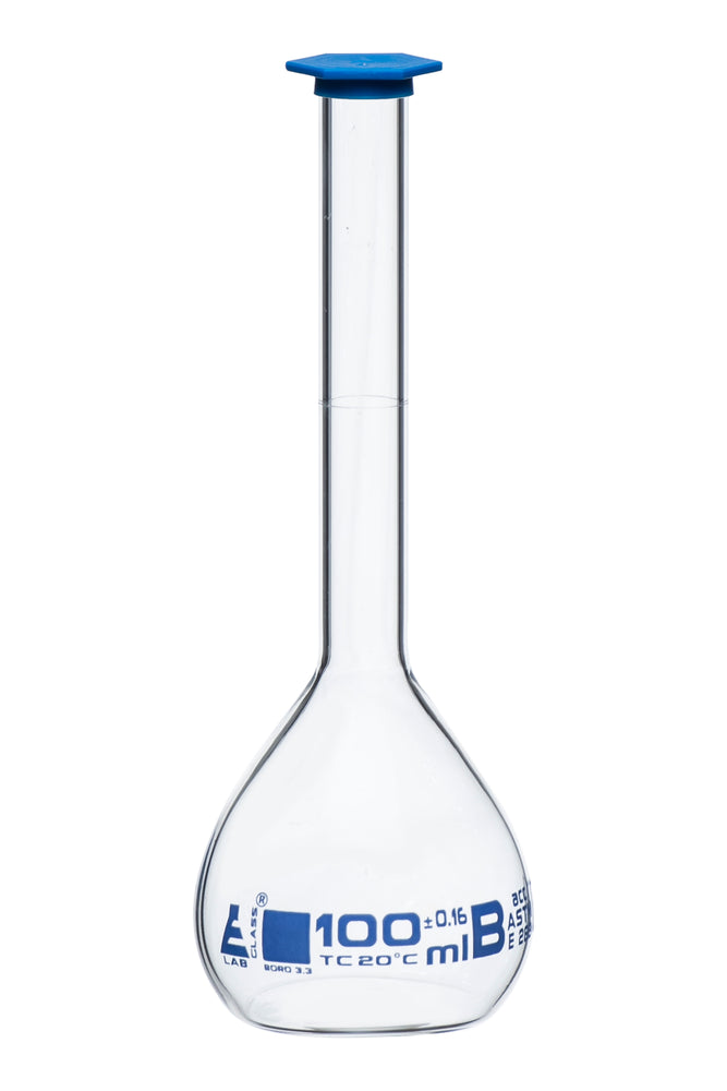 Volumetric Flask, 100ml - Class B, ASTM - Tolerance ±0.160ml - Snap Cap - Single, White Graduation - Borosilicate Glass - Eisco Labs