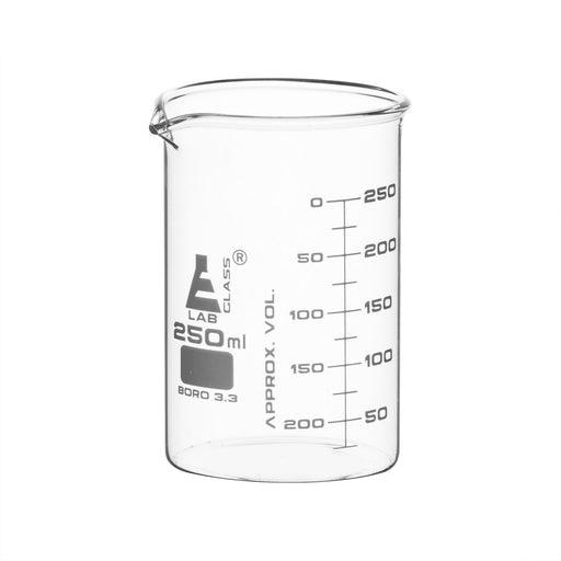 12PK Beakers, 250ml - ASTM - Low Form, Dual Scale Graduations - Borosilicate Glass