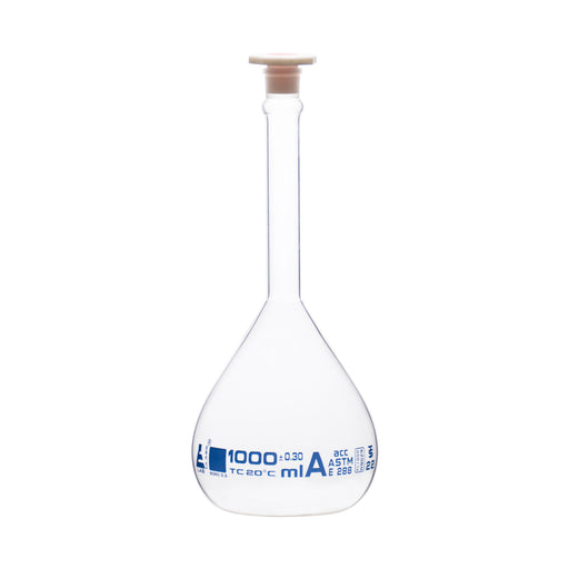 Volumetric Flask, 1000ml - Class A - Polypropylene Stopper, Borosilicate Glass - Blue Graduation, Tolerance ±0.300 - Eisco Labs