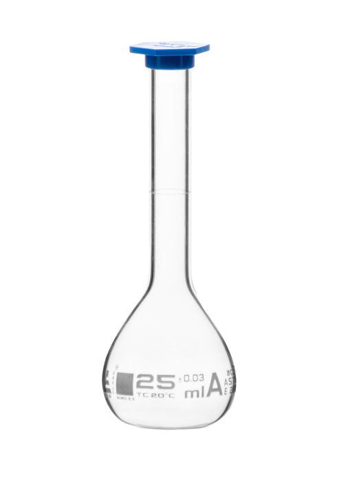 Volumetric Flask, 25ml - Class B, ASTM - Tolerance ±0.06ml - Blue Snap Cap - Single, White Graduation - Borosilicate Glass - Eisco Labs