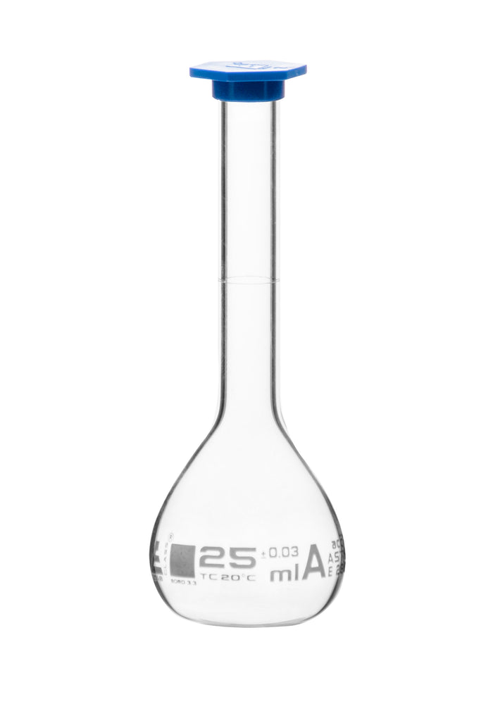 Volumetric Flask, 25ml - Class B, ASTM - Tolerance ±0.06ml - Blue Snap Cap - Single, White Graduation - Borosilicate Glass - Eisco Labs