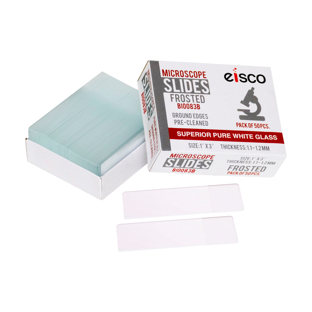 Premium Microscope Slides, 50/PK - Frosted End - Pre-Cleaned Pure White Glass - Ground Polished Edges - 1x3"